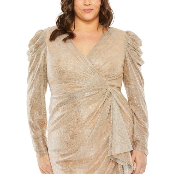 NWT Mac Duggal Long Sleeve Deep V Draped Shimmer Dress Rose Gold 16W - Picture 2 of 8